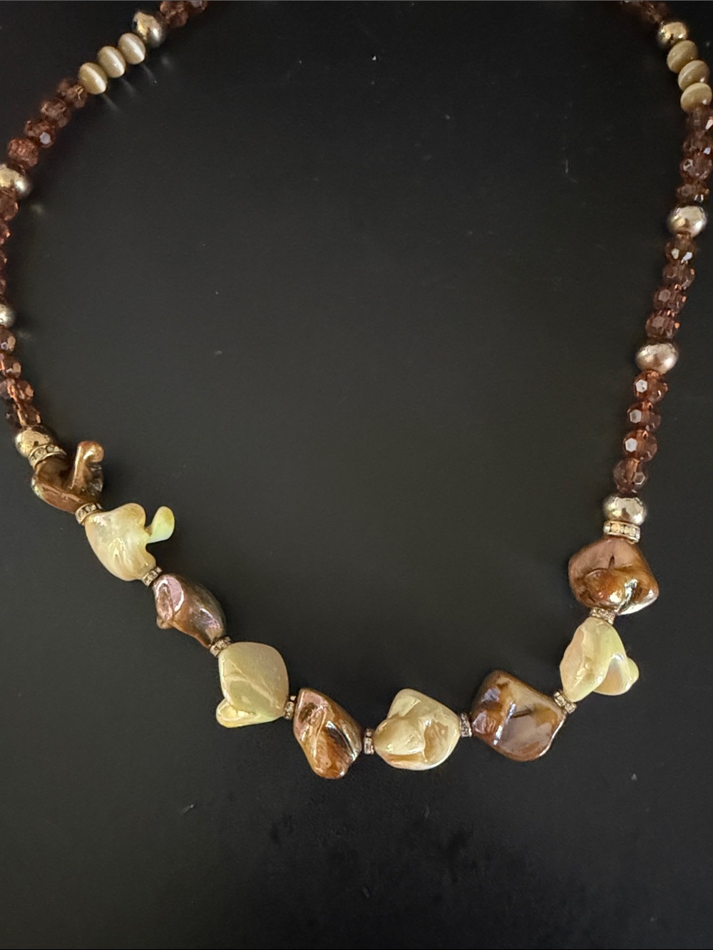 Handcrafted Brown and Cream Beaded Womens Necklace w/ Magnetic Clasp